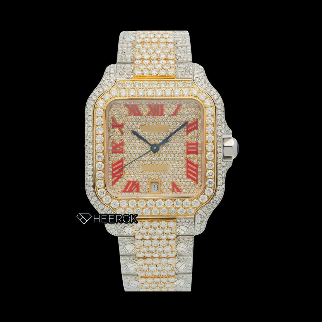 Cartier Santos Full Pave Yellow Gold Dial Red Roman Numerals Diamond Bezel Two Tone Yellow Gold Moissanite Diamond Watch Front View.