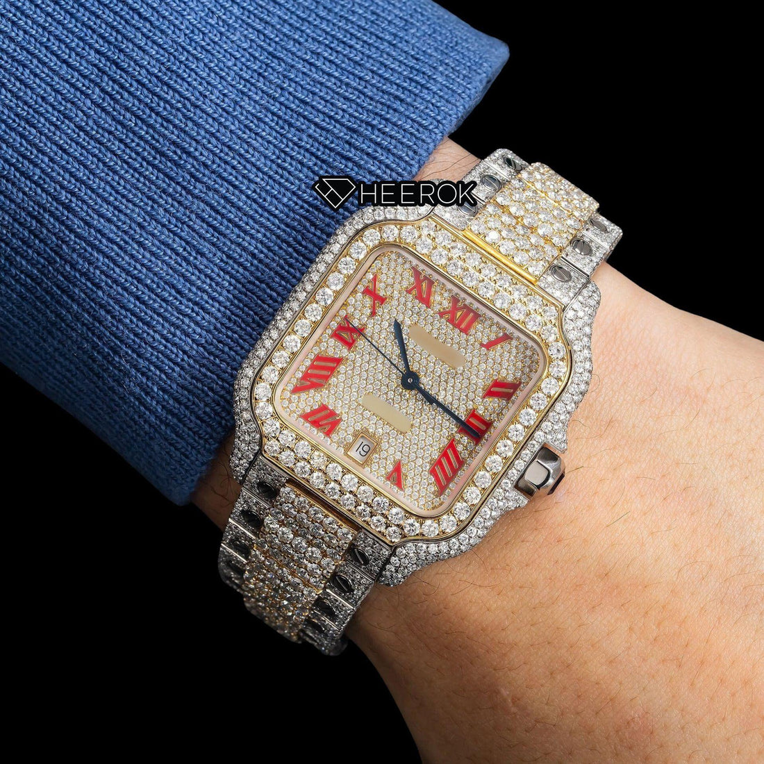 Cartier Santos Full Pave Yellow Gold Dial Red Roman Numerals Diamond Bezel Two Tone Yellow Gold Moissanite Diamond Watch Front View.