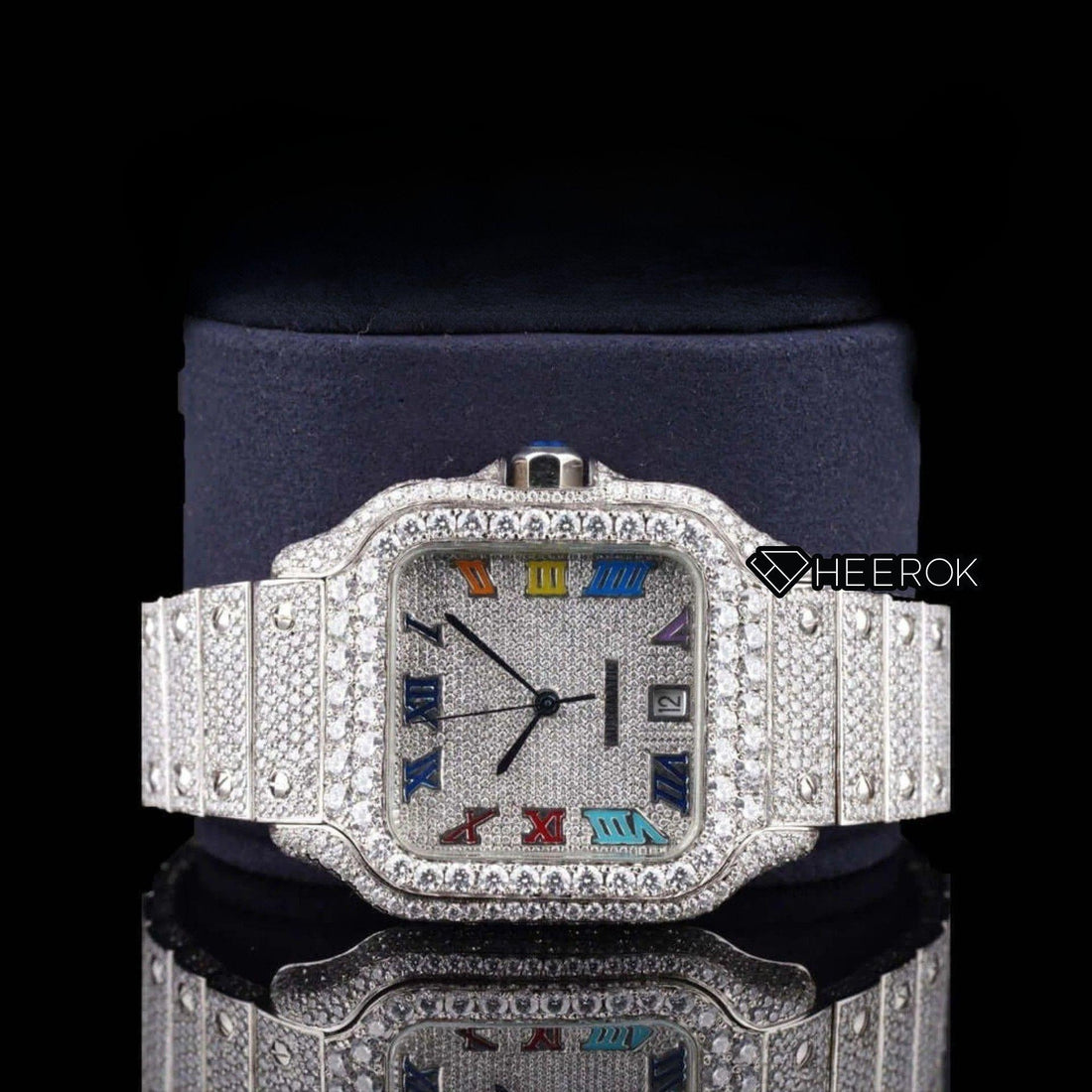 Cartier Santos Multicolor Roman Numerals Full Pave Dial Diamond Bezel Fully Iced Moissanite Diamond Front Face View