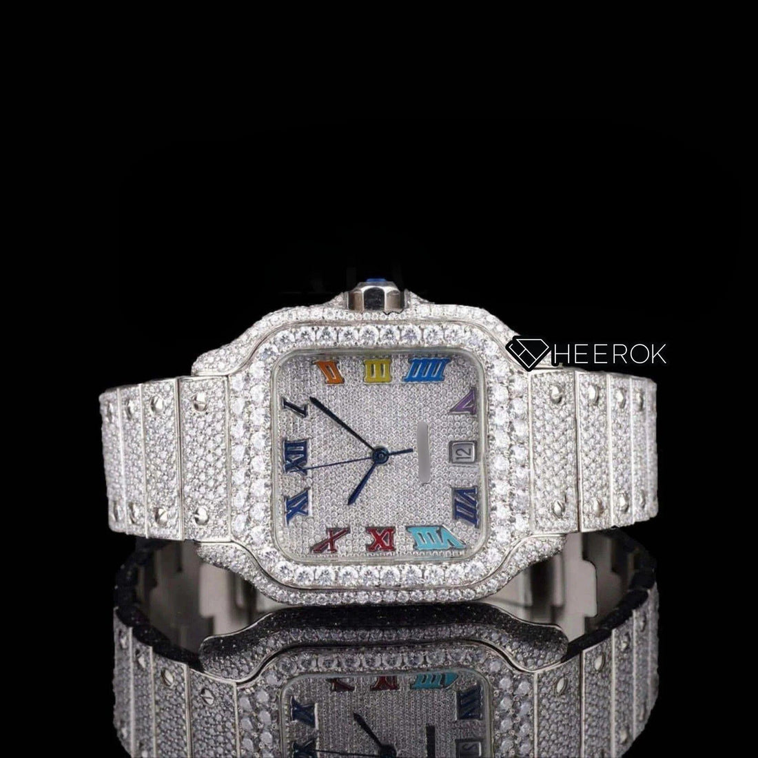 Cartier Santos Multicolor Roman Numerals Full Pave Dial Diamond Bezel Fully Iced Moissanite Diamond Front View.