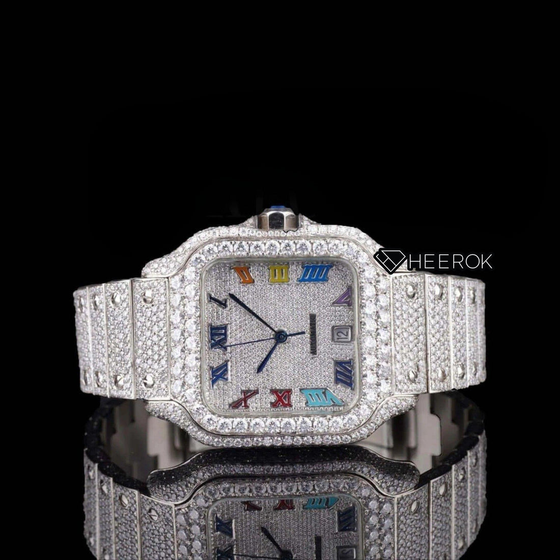 Cartier Santos Multicolor Roman Numerals Full Pave Dial Diamond Bezel Fully Iced Moissanite Diamond Front Face View