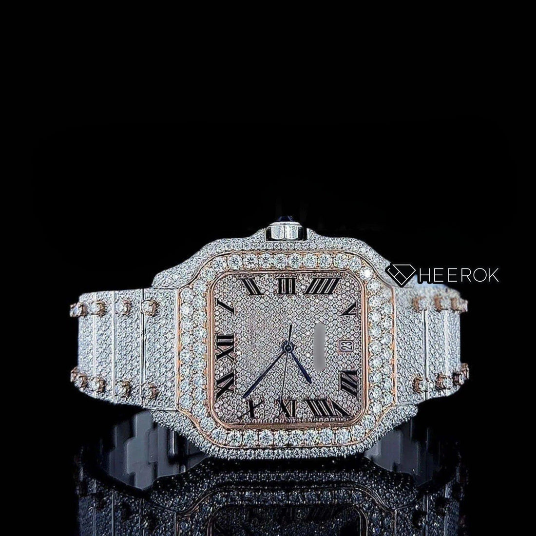 Cartier Santos Rose Gold Dial Black Roman Numerals Diamond Bezel Two Tone Fully Iced Moissanite Diamond For Women Front View.