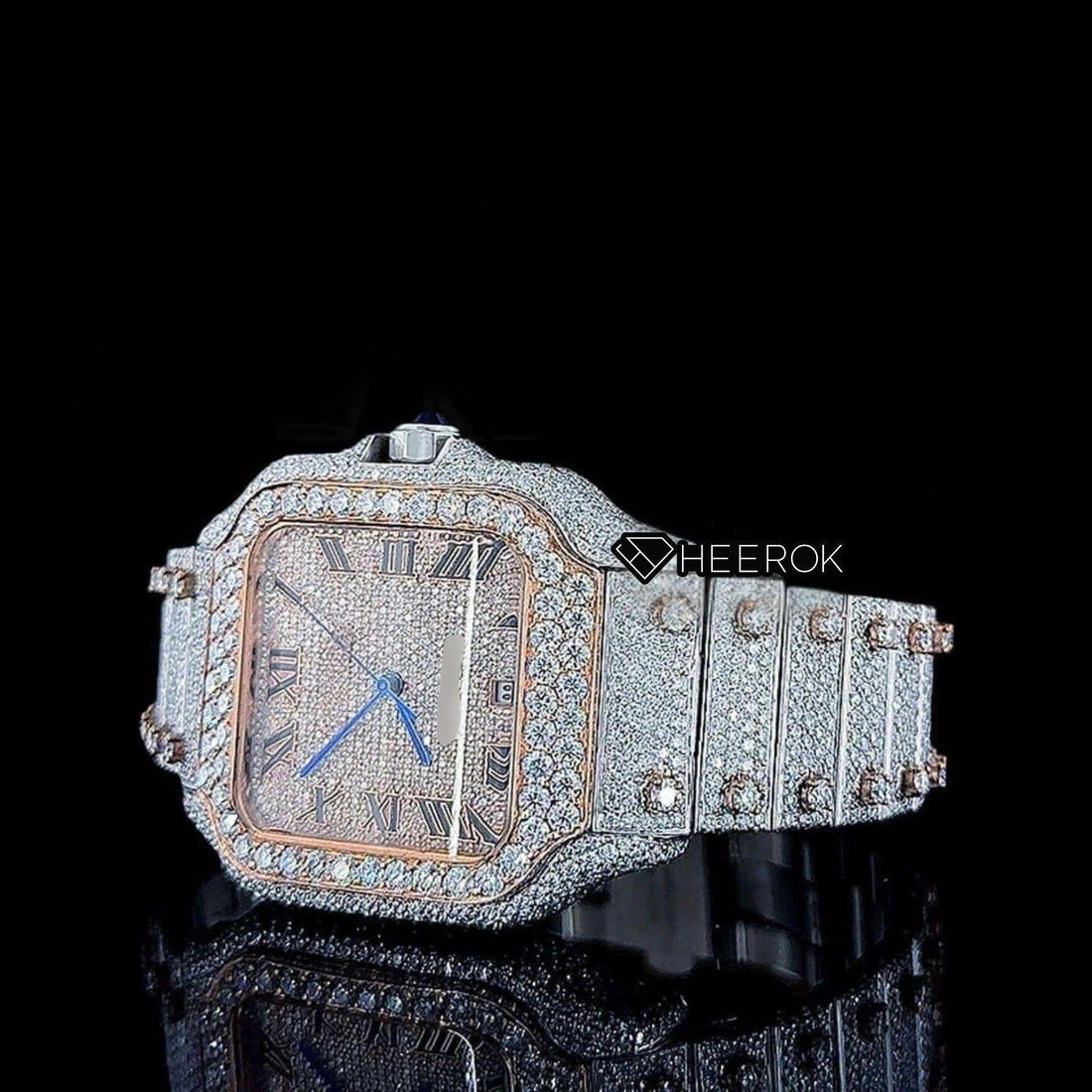 Cartier Santos Rose Gold Dial Black Roman Numerals Diamond Bezel Two Tone Fully Iced Moissanite Diamond For Women Front View.