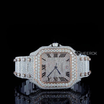 Cartier Santos Rose Gold Dial Black Roman Numerals Diamond Bezel Two Tone Fully Iced Moissanite Diamond Front View.