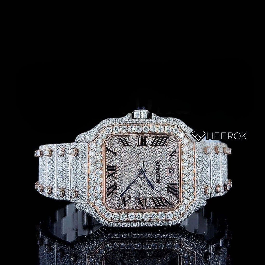 Cartier Santos Rose Gold Dial Black Roman Numerals Diamond Bezel Two Tone Fully Iced Moissanite Diamond Front View