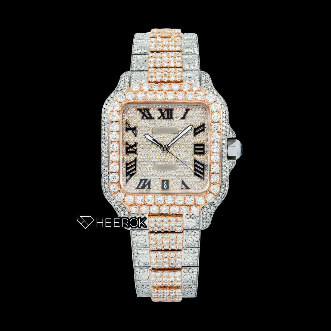 Cartier Santos Rose Gold Dial Black Roman Numerals Diamond Bezel Two Tone Rose Gold Moissanite Diamond Watch Front View.
