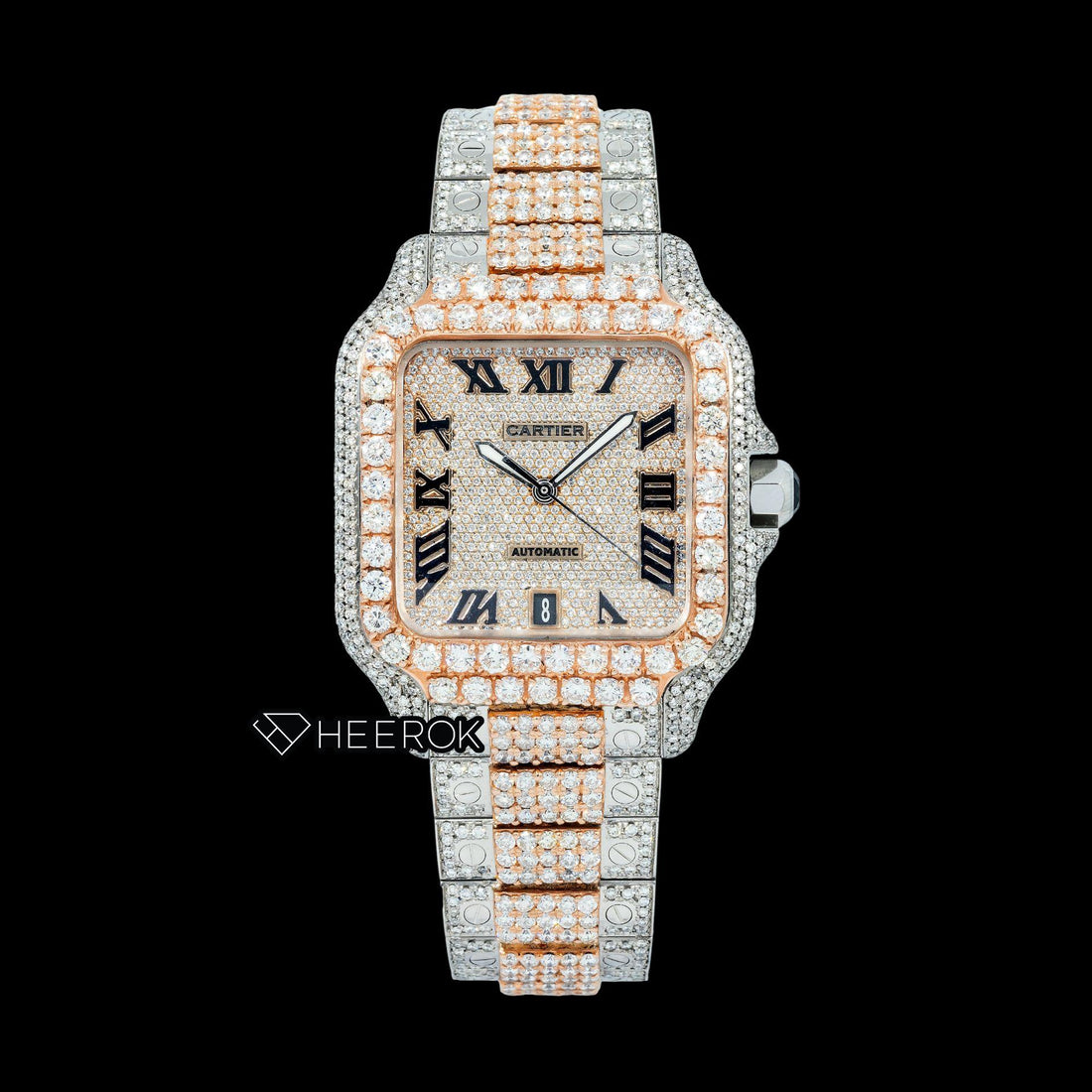 Cartier Santos Rose Gold Dial Black Roman Numerals Diamond Bezel Two Tone Rose Gold Moissanite Diamond Watch Front View