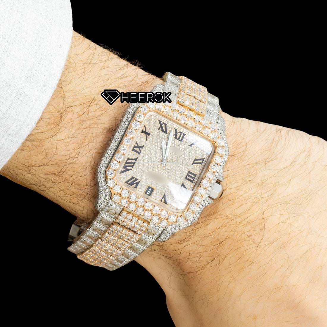 Cartier Santos Rose Gold Dial Black Roman Numerals Diamond Bezel Two Tone Rose Gold Moissanite Diamond Watch Front View.