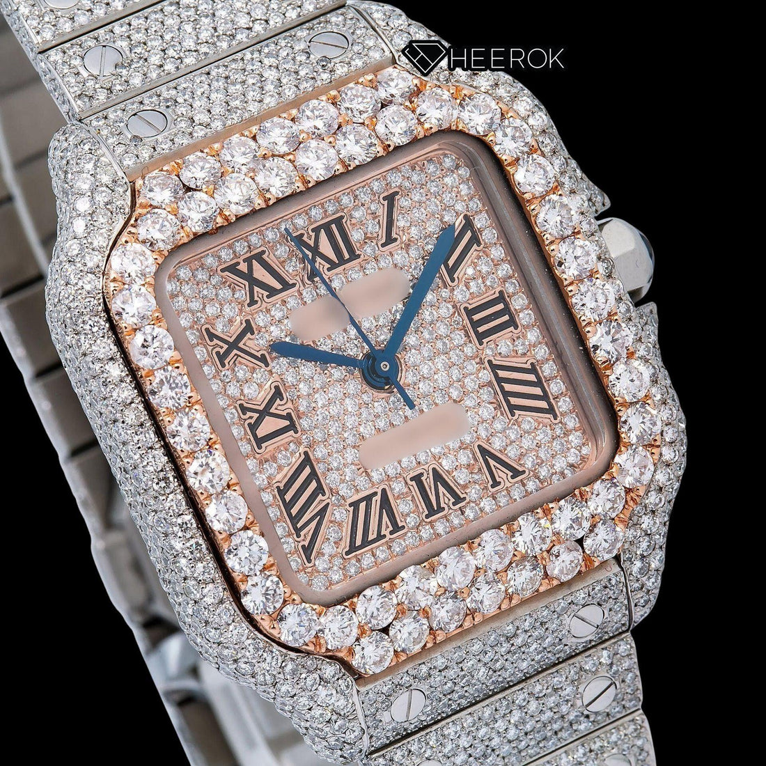 Cartier Santos Rose Gold Dial Black Roman Numerals Large Round Diamond Bezel Fully Iced Moissanite Diamond Watch For Women Front View.