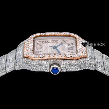 Cartier Santos Rose Gold Dial Black Roman Numerals Large Round Diamond Bezel Fully Iced Moissanite Diamond Watch For Women Crown View.