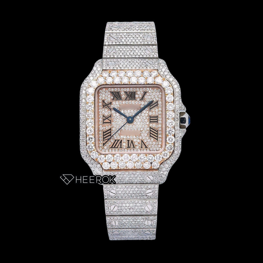 Cartier Santos Rose Gold Dial Black Roman Numerals Large Round Diamond Bezel Fully Iced Moissanite Diamond Watch For Women Front View.