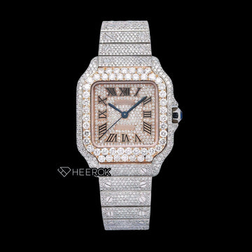 Cartier Santos Rose Gold Dial Black Roman Numerals Large Round Diamond Bezel Fully Iced Moissanite Diamond Watch For Women Front View.