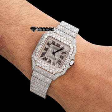 Cartier Santos Rose Gold Dial Black Roman Numerals Large Round Diamond Bezel Fully Iced Moissanite Diamond Watch For Women On Wrist View.