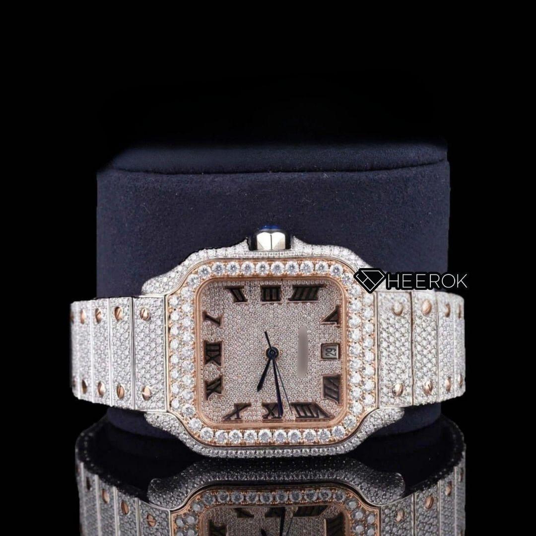 Cartier Santos Rose Gold Dial Roman Numerals Diamond Bezel Two Tone Rose Gold Fully Iced Moissanite Diamond For Women Front View.