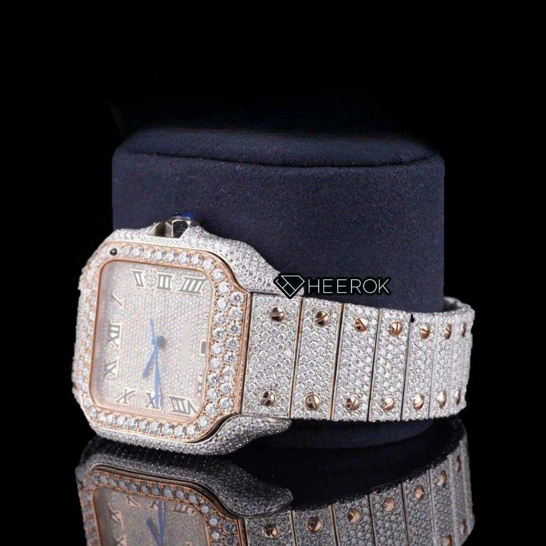 Cartier Santos Rose Gold Dial Roman Numerals Diamond Bezel Two Tone Rose Gold Fully Iced Moissanite Diamond For Women Front View.