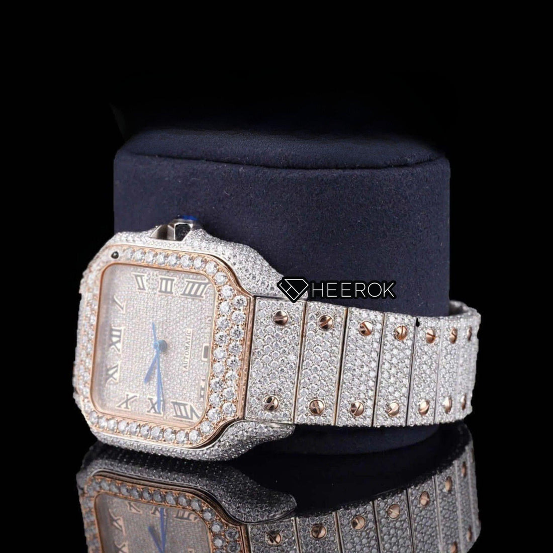 Cartier Santos Rose Gold Dial Roman Numerals Diamond Bezel Two Tone Rose Gold Fully Iced Moissanite Diamond Front View