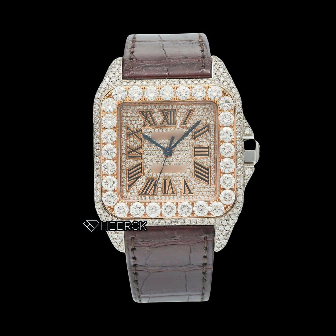 Cartier Santos Rose Gold Dial Roman Numerals Large Round Diamond Bezel Brown Leather Strap Semi Iced Moissanite Diamond Watch Front View.
