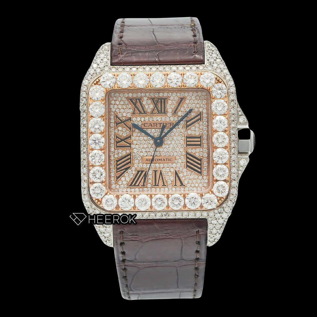 Cartier Santos Rose Gold Dial Roman Numerals Large Round Diamond Bezel Brown Leather Strap Semi Iced Moissanite Diamond Watch Front View