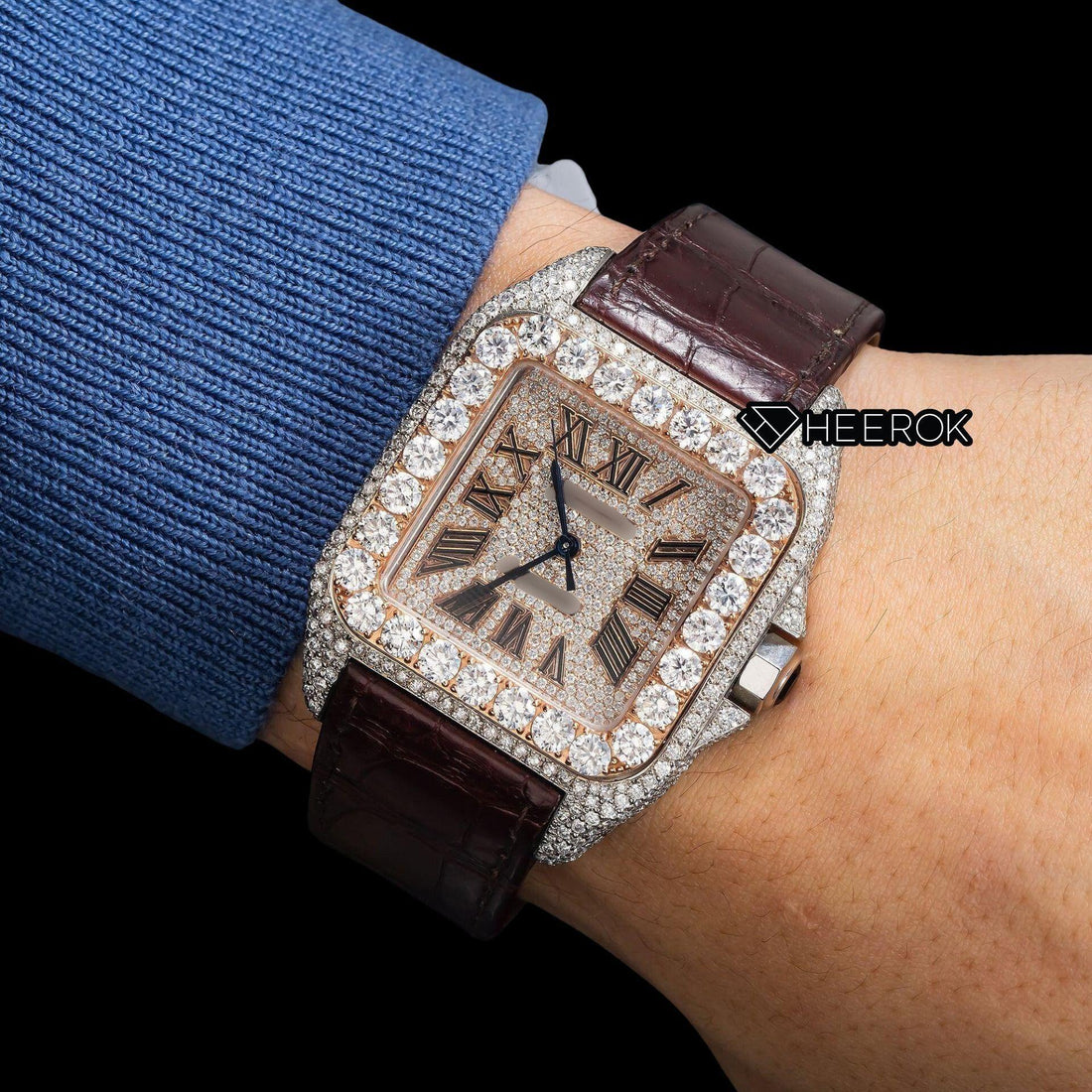 Cartier Santos Rose Gold Dial Roman Numerals Large Round Diamond Bezel Brown Leather Strap Semi Iced Moissanite Diamond Watch Front View.