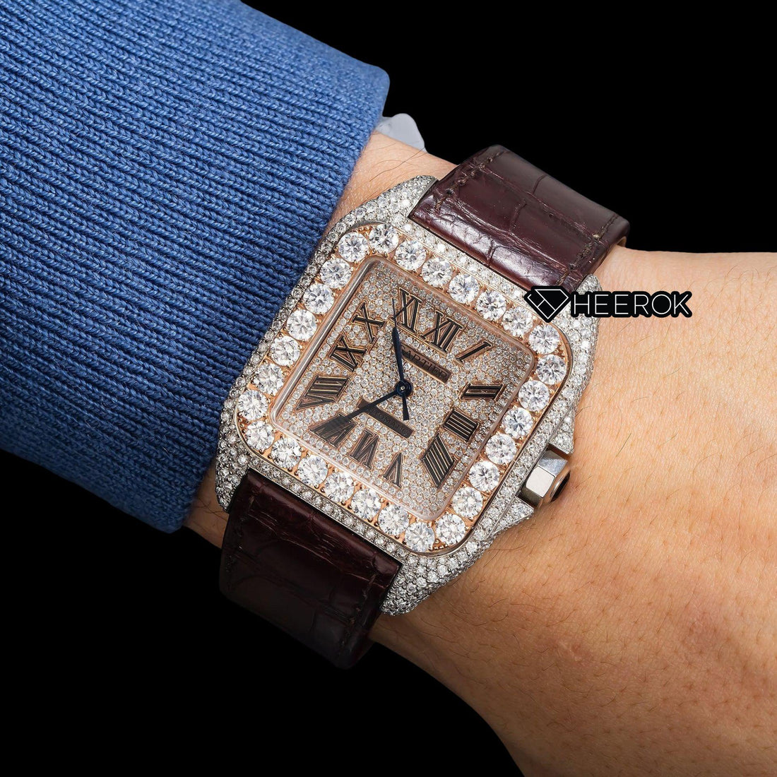 Cartier Santos Rose Gold Dial Roman Numerals Large Round Diamond Bezel Brown Leather Strap Semi Iced Moissanite Diamond Watch Front View