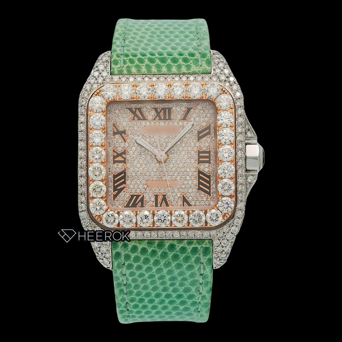 Cartier Santos Rose Gold Dial Roman Numerals Large Round Diamond Bezel Green Leather Strap Semi Iced Moissanite Diamond Watch Front View.