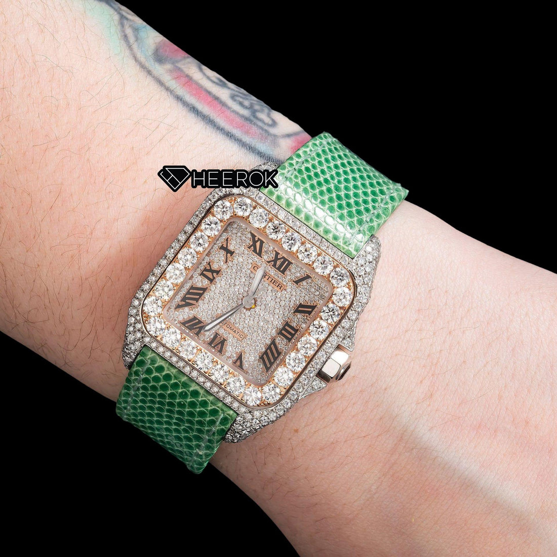 Cartier Santos Rose Gold Dial Roman Numerals Large Round Diamond Bezel Green Leather Strap Semi Iced Moissanite Diamond Watch Front View