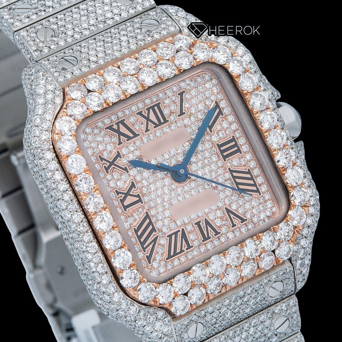 Cartier Santos Rose Gold Diamond Pave Dial Roman Numerals Large Round Diamond Bezel Fully Iced Moissanite Diamond Watch For Women Front View.