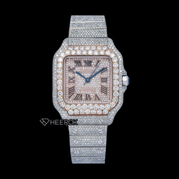 Cartier Santos Rose Gold Diamond Pave Dial Roman Numerals Large Round Diamond Bezel Fully Iced Moissanite Diamond Watch For Women Front View.