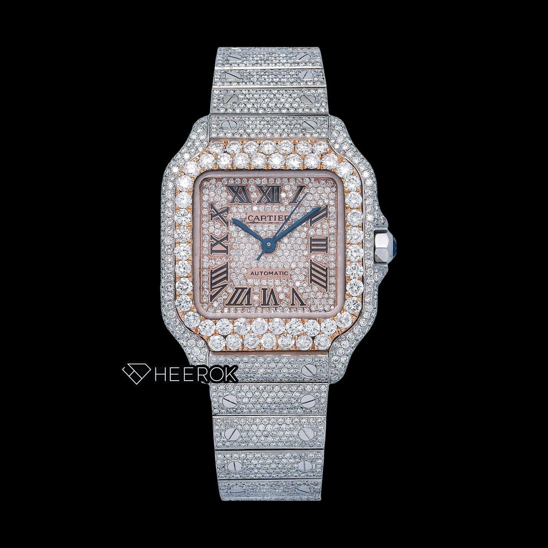Cartier Santos Rose Gold Diamond Pave Dial Roman Numerals Large Round Diamond Bezel Fully Iced Moissanite Diamond Watch For Women Front View