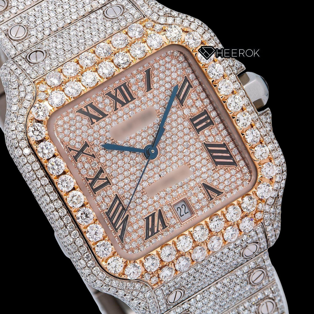 Cartier Santos Rose Gold Full Pave Dial Roman Numerals Diamond Bezel Fully Iced Moissanite Diamond Watch Front View.