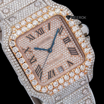 Cartier Santos Rose Gold Full Pave Dial Roman Numerals Diamond Bezel Fully Iced Moissanite Diamond Watch Close Up Dial View.