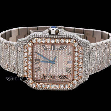 Cartier Santos Rose Gold Full Pave Dial Roman Numerals Diamond Bezel Fully Iced Moissanite Diamond Watch Close Up Front View.