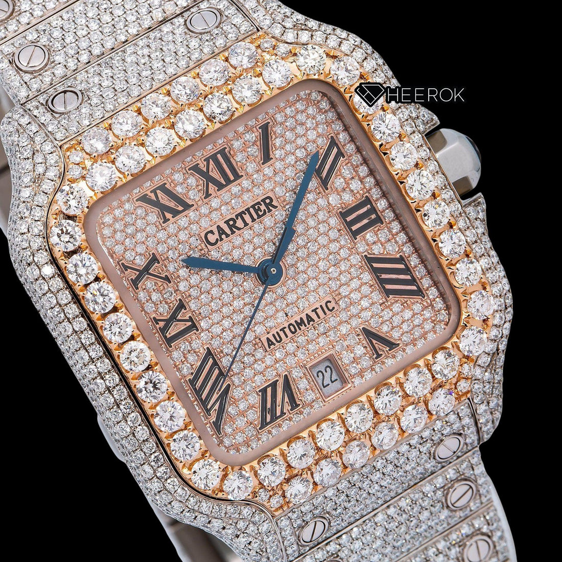 Cartier Santos Rose Gold Full Pave Dial Roman Numerals Diamond Bezel Fully Iced Moissanite Diamond Watch Front View