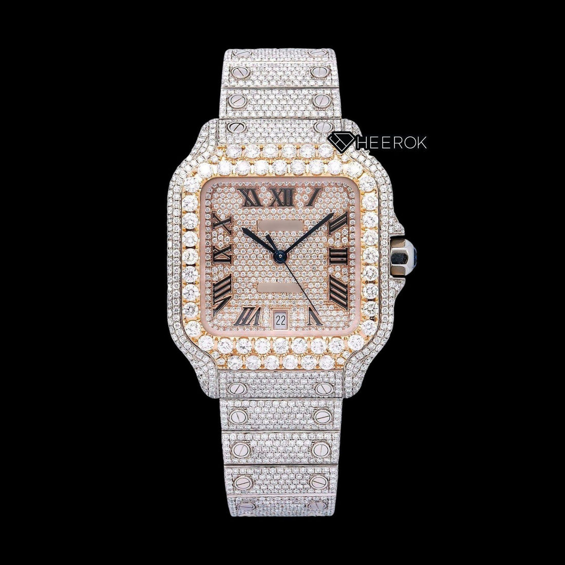Cartier Santos Rose Gold Full Pave Dial Roman Numerals Diamond Bezel Fully Iced Moissanite Diamond Watch Front View.
