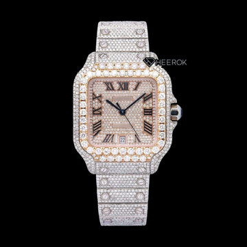Cartier Santos Rose Gold Full Pave Dial Roman Numerals Diamond Bezel Fully Iced Moissanite Diamond Watch Front View.