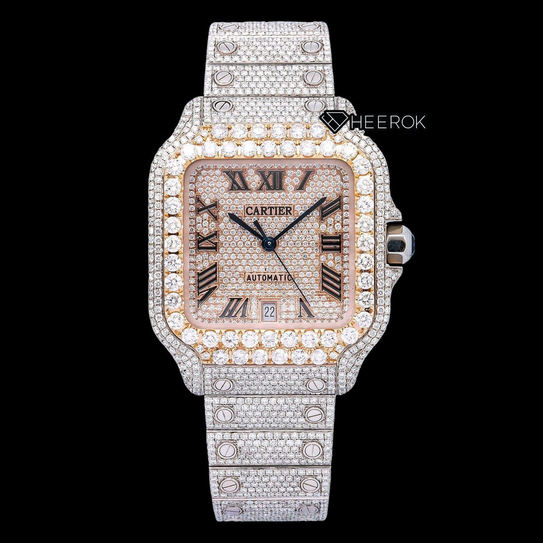 Cartier Santos Rose Gold Full Pave Dial Roman Numerals Diamond Bezel Fully Iced Moissanite Diamond Watch Front View