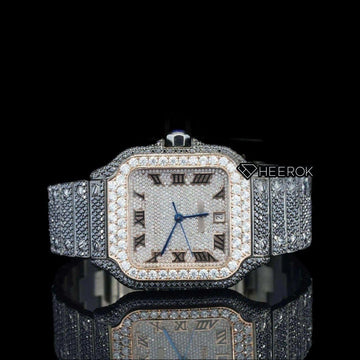 Cartier Santos Rose Gold Roman Dial Diamond Bezel Fully Iced Moissanite Black Diamond Bracelet Front View.