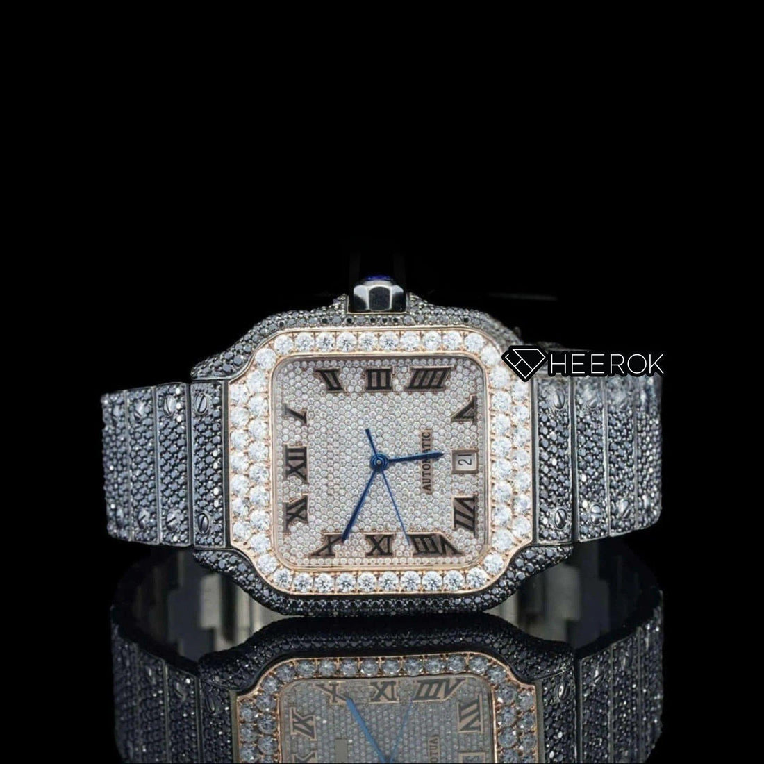Cartier Santos Rose Gold Roman Dial Diamond Bezel Fully Iced Moissanite Black Diamond Bracelet Front View