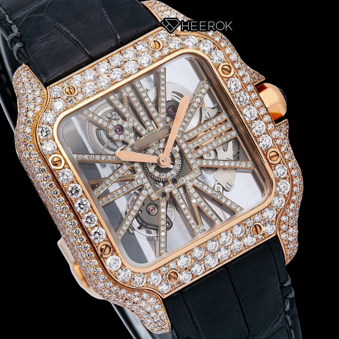 Cartier Santos Rose Gold Skeleton Dial Diamonds Bezel Black Leather Strap Semi Iced Moissanite Diamond Watch Front View.