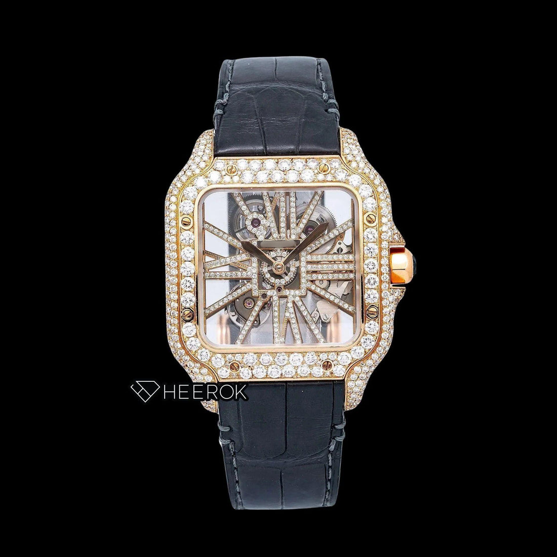 Cartier Santos Rose Gold Skeleton Dial Diamonds Bezel Black Leather Strap Semi Iced Moissanite Diamond Watch Front View.