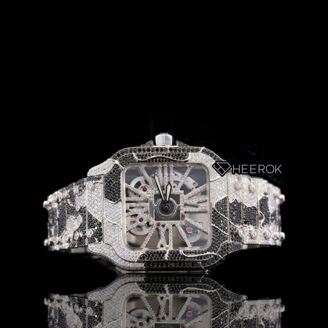 Cartier Santos Skeleton Dial Black and White Diamond Bezel Two Tone Bracelet Moissanite Diamond Front View