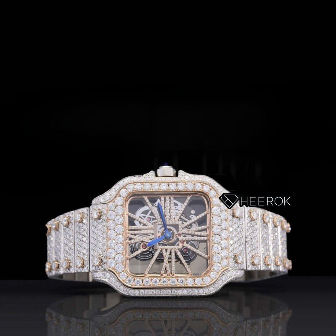 Cartier Santos Skeleton Dial Diamond Bezel Fully Iced Two Tone Rose Gold Moissanite Diamond Front View