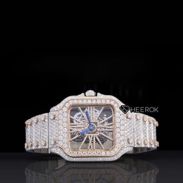 Cartier Santos Skeleton Dial Diamond Bezel Fully Iced Two Tone Rose Gold Moissanite Diamond Front View