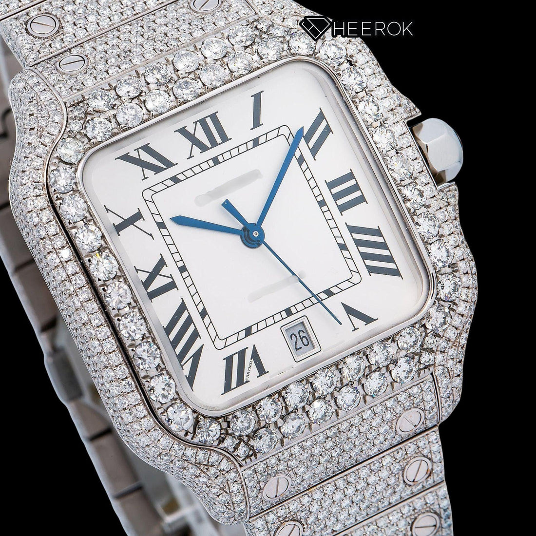 Cartier Santos White Dial Black Roman Numerals Diamond Bezel Fully Iced Moissanite Diamond Watch Front View.