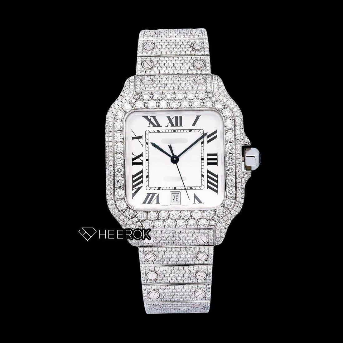 Cartier Santos White Dial Black Roman Numerals Diamond Bezel Fully Iced Moissanite Diamond Watch Front View.