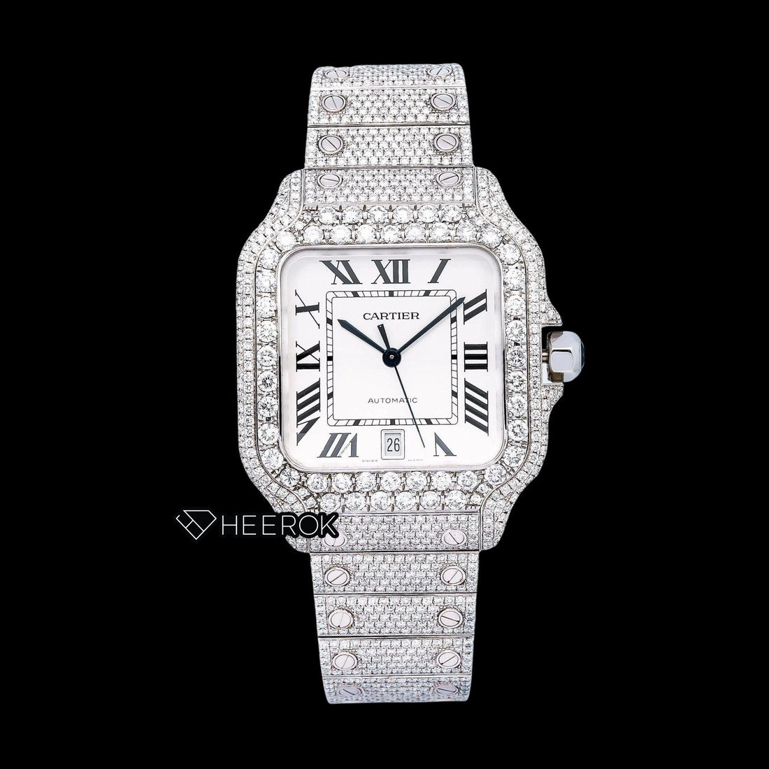 Cartier Santos White Dial Black Roman Numerals Diamond Bezel Fully Iced Moissanite Diamond Watch Front View