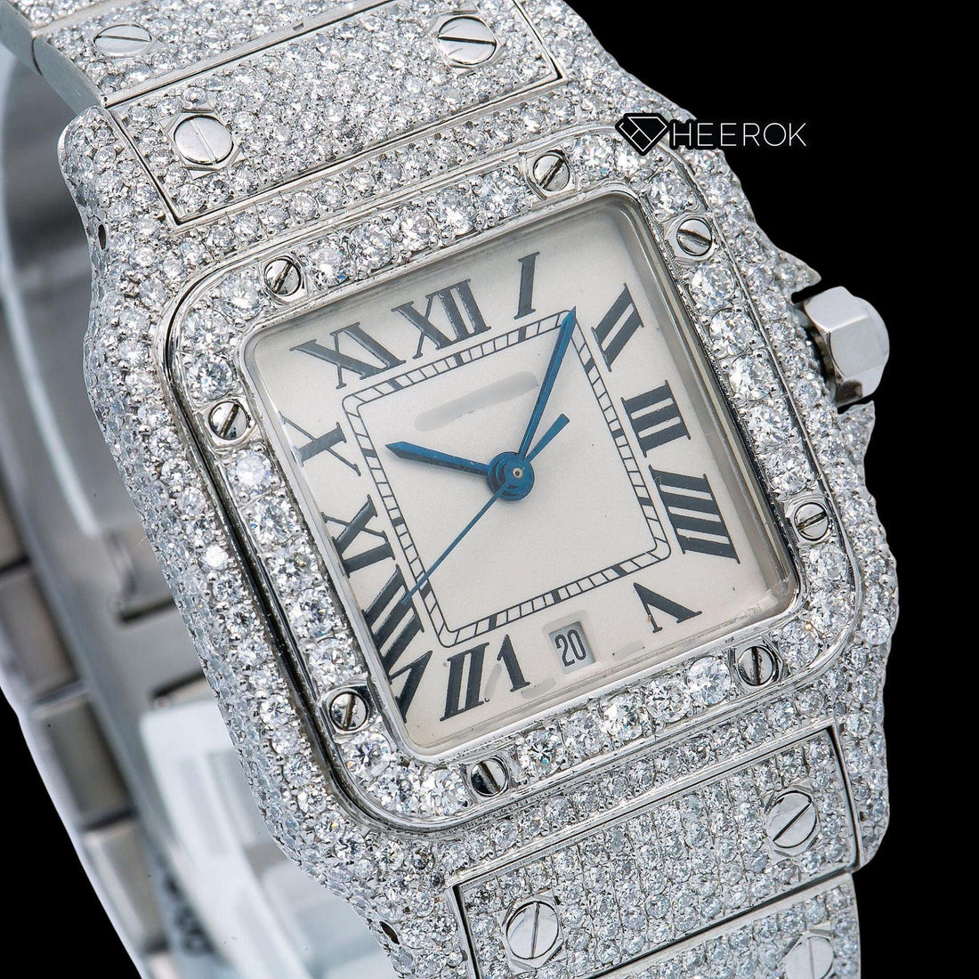 Cartier Santos White Dial Roman Numerals Diamond Bezel Bust Down Moissanite Diamond Watch For Women Front View.