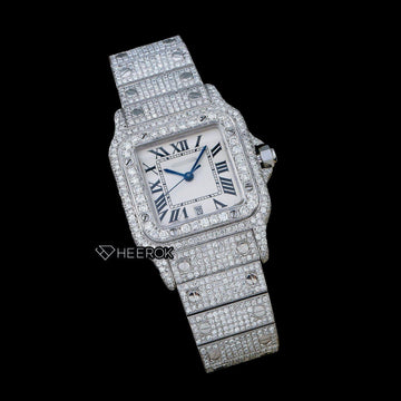 Cartier Santos White Dial Roman Numerals Diamond Bezel Bust Down Moissanite Diamond Watch For Women Close Up Front View.
