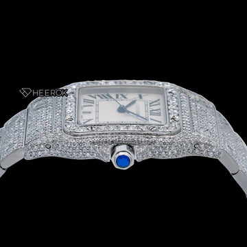 Cartier Santos White Dial Roman Numerals Diamond Bezel Bust Down Moissanite Diamond Watch For Women Crown View.