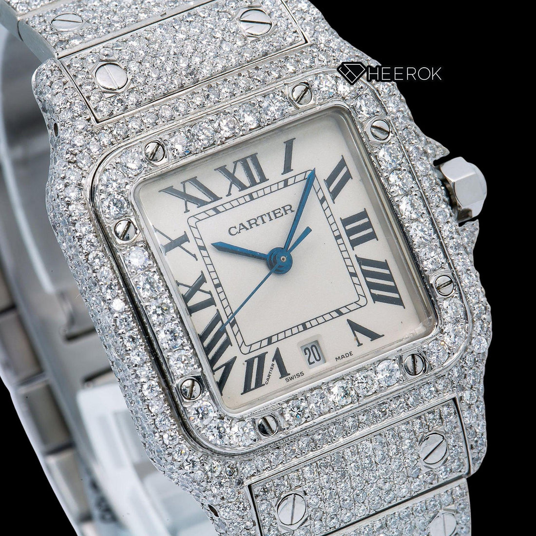 Cartier Santos White Dial Roman Numerals Diamond Bezel Bust Down Moissanite Diamond Watch For Women Front View